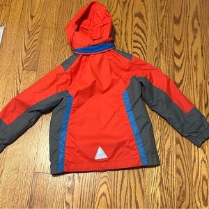 Red and Gray Raincoat with Hood and Reflective Detail
